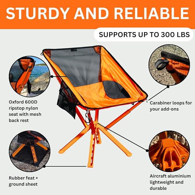 Campster2 Folding Camping Chair – Ultra Lightweight & Compact - Backpack Chair - 265 lbs Capacity – Comfortable Folding Chair with Carrying Bag - Ideal for Beach, Hiking, & Outdoor Use, Orange