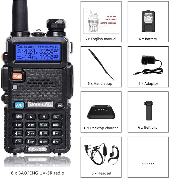 Baofeng UV-5R Dual Band Two Way Radio Handheld Ham Radio Long Range Walkie Talkies Pack of 6 for Hiking Camping Hunting Skiing Trip(Black)