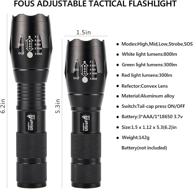 ULTRAFIRE 2 Pack A100 LED Hunting Flashlight,800 Lumen 3-Color-Light Tactical Flashlight 5 Modes Zoomable Small LED Hand held Flashlights (White Light/RED Light/Green Light)