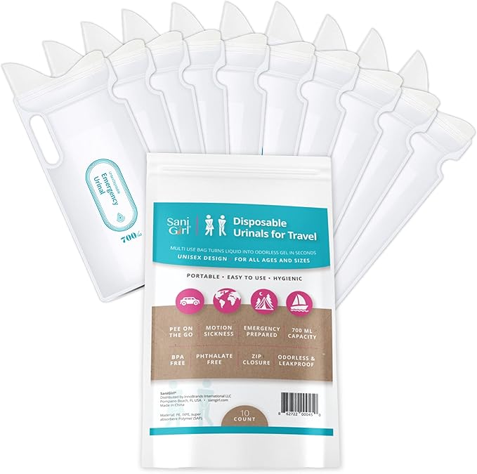 SaniGirl Disposable Urinals | Portable Pee Bags | Travel Urinal for Women Kids Adults Sanitary Emergency Urinal and Motion Sickness Bag Road Trips Travel Essentials (Pack of 10)…