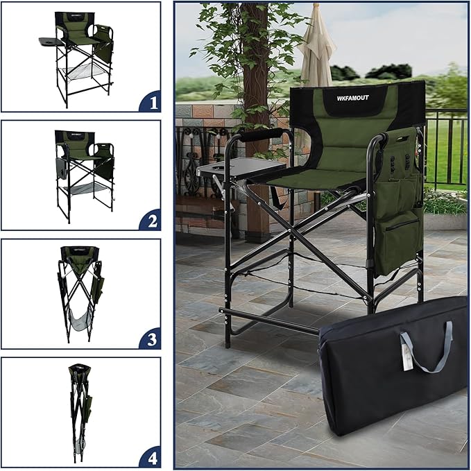 Tall Folding Directors Chair with Side Table 26.77" Seat Height Foldable Camping Chair Bar Stool for Makeup Artist Face Painting with Footrest and Storage Pocket Supports 350LBS