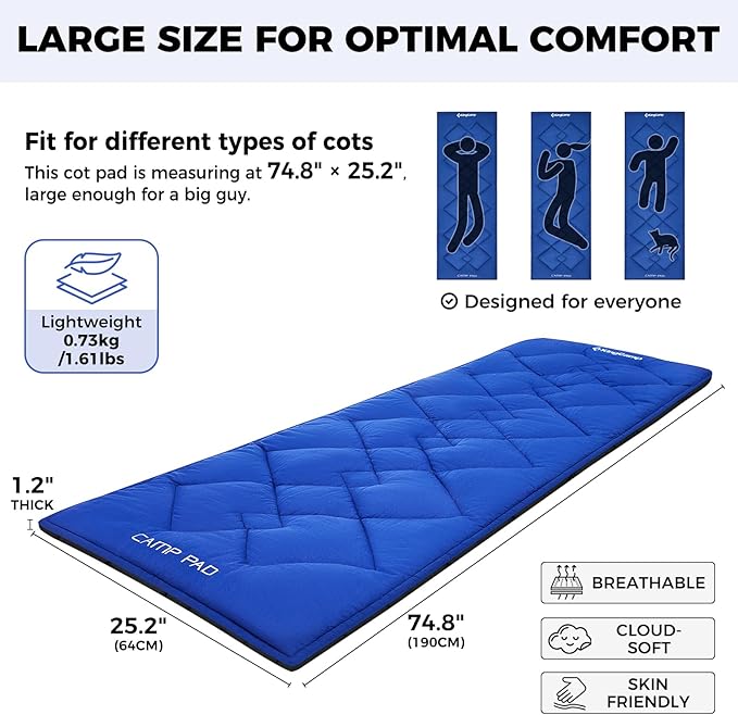 KingCamp Cot Pad Topper for Camping, Soft Warm Non-Slip Cot Mattress, Comfortable Lightweight Sleeping Mat for Outdoor & Indoor, Picnic, Hiking, Backpacking, Yoga