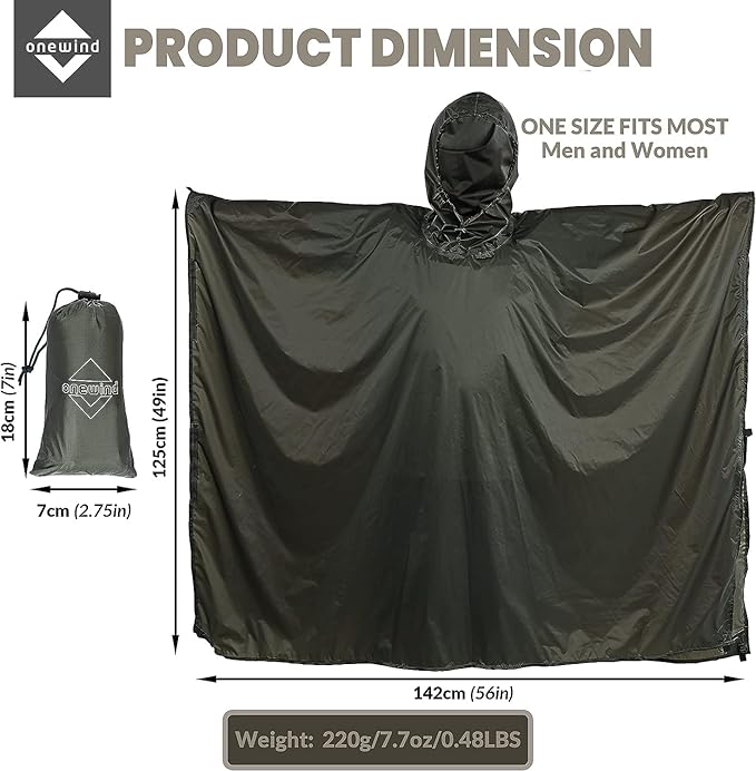 onewind Hooded Rain Poncho, Silnylon Camping Rain Coat Versatile Survival Shelter Lightweight Poncho for Hiking, Backpacking