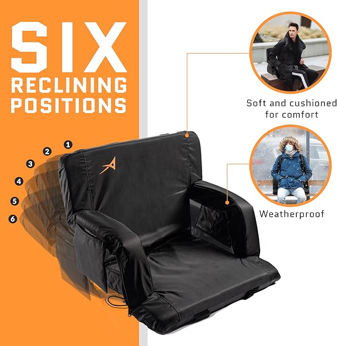 ACELETIQS Stadium Seats for Bleachers with Back Support – USB Battery Included - Upgraded 3 Levels of Heat - Foldable Chair - Cushioned, 4 Pockets, Cup Holder - Camping, Games (Double Heated 26")