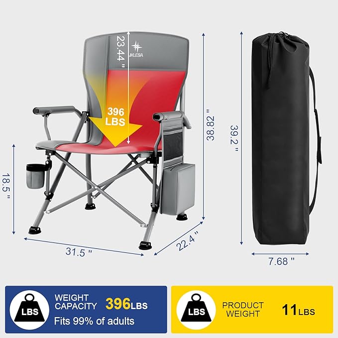 XL Heavy Duty Camping Chair 396lb Capacity (525lb MAX) - Waterproof 1680D Oxford - Oversized 2" Thick Padded Seat with Cup Holder & Cooler - Portable for Camping, Beach, Tailgating Slate/Red