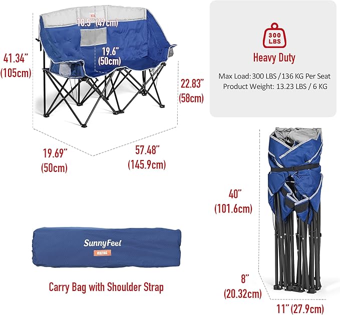 SUNNYFEEL Heated Double Camping Chair, Oversized Folding Loveseat Chair, Heavy Duty Portable/Foldable Lawn Chair for Beach/Outdoor/Travel/Picnic, Fold Up Camp Chairs for Adults 2 People