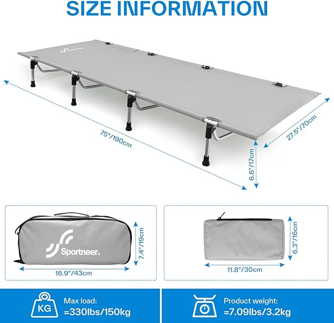 Sportneer Camping Cot, Folding Cots Lever Lock Portable Lightweight Sleeping Camping Bed for Adults Outdoor Travel Backpacking Camp Hiking Supports 330lbs