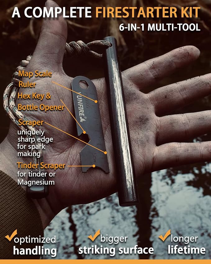YUNFIRE Fire Starter-5" x 1/2" Thick Ferro Rod with Multi-Tool Striker & Type 550 Paracord, 25,000+ Strikes, Drilled Flint Fire Steel for Emergency Survival, Camping, Hiking