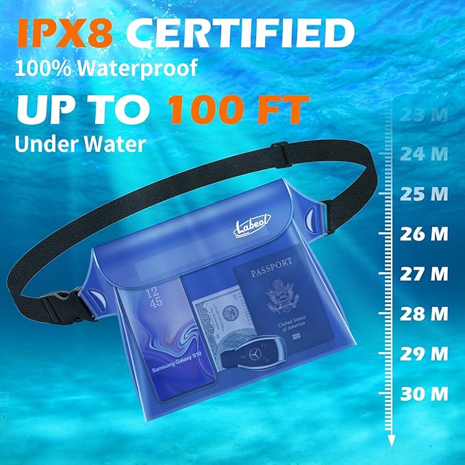 Labeol Waterproof Phone Pouch, 3 Pack With Waist Strap, Fanny Pack to Keep Valuables Dry, Beach Accessories for Swimming Kayaking Boating Fishing