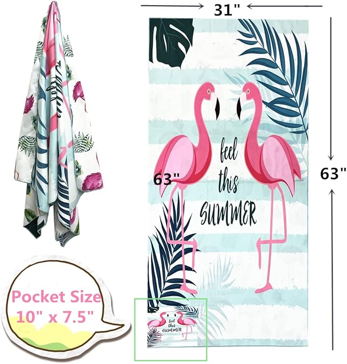 Beach Towel Oversized,Thin Microfiber Beach Towel ,Super Absorbent Quick Dry Sand Free Cute Flamingo Cool Swim Beach Towels for Kids,Men,Women,Boys,Girls with Zipper Pocket Travel Bag (flamingos)