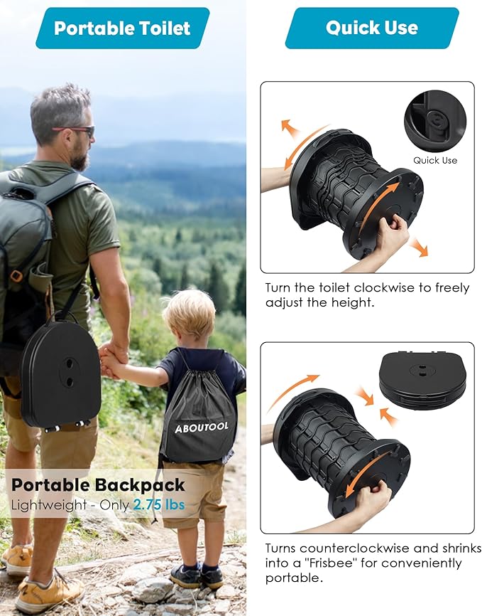 Portable Toilet for Adults, Adjustable Height Camping Toilet Portable, Outdoor Emergency Toilet for Car, Travel, Camping, and Hiking, Comfortable Portable Potty for Adults with 20 Toilet Bags
