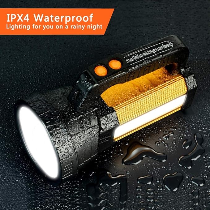 Super Bright LED Handheld Spotlight Flashlight Rechargeable 9600mAh 6000 Lumens Long Lasting Spot Light Waterproof Tactical Torch, 6 Light Modes Side Floodlight, USB Output PowerBank