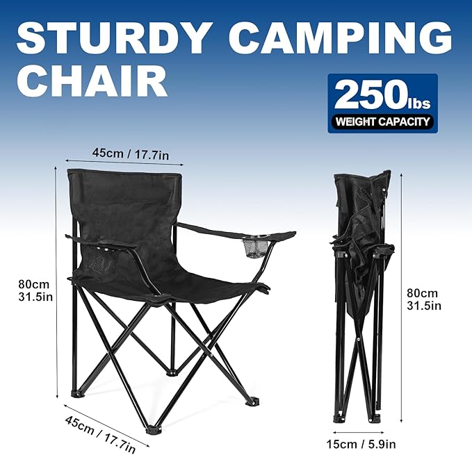2 Pack Camping Chairs for Adults & Teens, 250LBS Capacity Foldable Portable Lightweight Chairs with Carry Bag, Compact Design for Camping, Beach, Picnics, and Outdoor Events