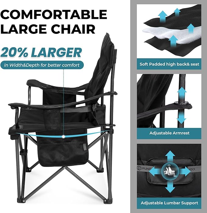 FUNDANGO Oversized Camp Chair, 2 Pack,550lbs Heavy Duty Portable Foldable Lawn Chair with Padded Lumbar Support Seat & Back, 4-can Cooler & Cup Holder, Carry Bag Included for Outdoor (Black/Grey)