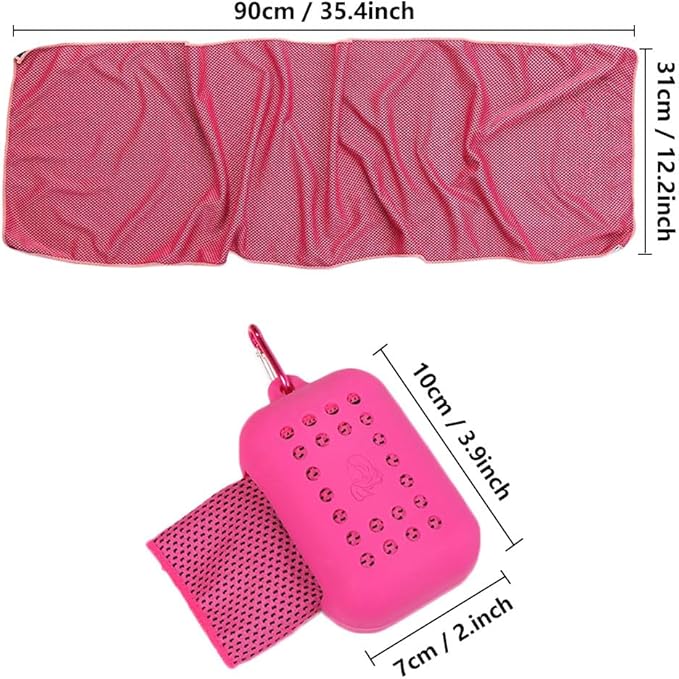 1 Pack Sports Towel with Silicone Storage Bag and Carabiner Clip, Microfiber Cooling Towels, Quick Dry Stay Cool Chilly Towel for Yoga Running, Gym, Camping, Travel Sports Towels, Rose Red