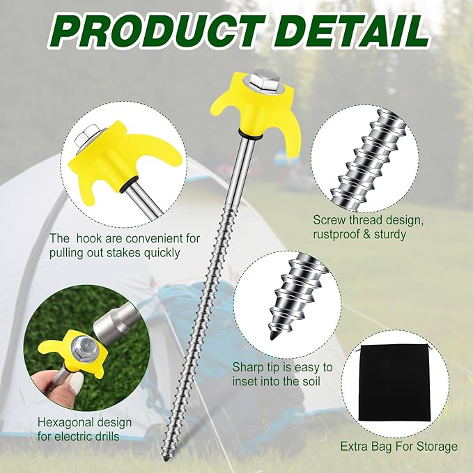 20 Pcs 8" Screw in Tent Stakes Heavy Duty Tent Stakes Drillable Ground Anchors Screw Metal Tent Pegs Threaded Tent Spikes with Head Driver for Swing Inflatable Decor (Yellow)
