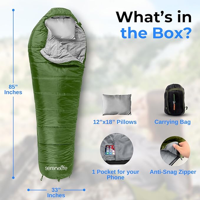 SereneLife 0 Degree Mummy Sleeping Bag – Military-Style, Lightweight & Waterproof for Extreme Cold, Stays Warm in 5–10°F, No-Snag Zipper, Compact Carry Bag & Travel Pillow for Camping & Backpacking