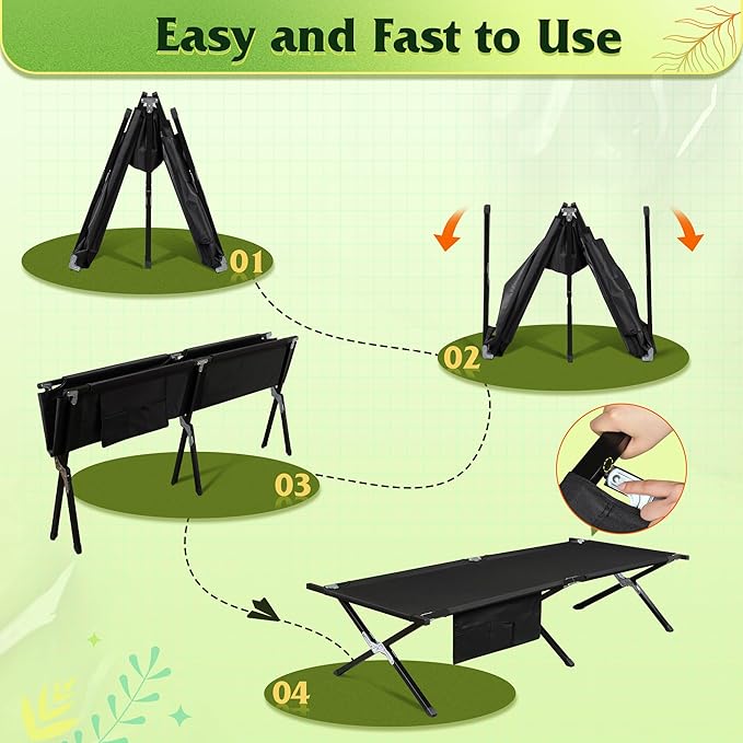 WLIVE Military Camping Cot, Portable Folding Cots for Sleeping with Carry Bag, Outdoor Camping Bed for Adults with Side Pocket, Support 300 Lbs, Black