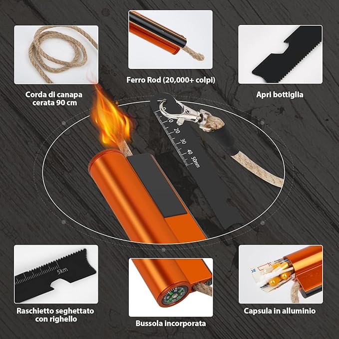 Flint and Steel Fire Starter Kit 7-in-1 XXL XL Ferro Rod Fire Steel Bushcraft Equipment, Portable Survival Magnesium Kit with 36" Waterproof Wick Rope,Multi Tool Scraper, Compass for Camping Hiking