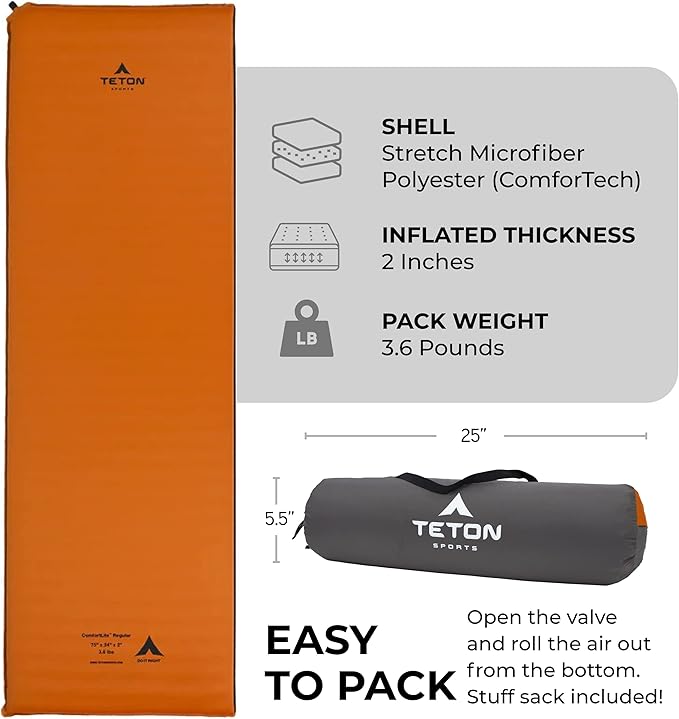 Teton Self Inflating Sleeping Pad, Inflatable Camping Sleeping Pads, Compact Mat for Camping, Backpacking, and Hiking.