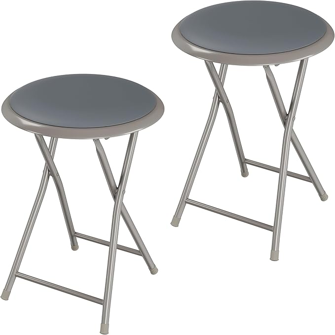 Round Folding Stool - Heavy-Duty 18-Inch Padded and Portable Stool with 300lbs Capacity for Dorm, Rec Room, or Game Room by Trademark Home (Gray)