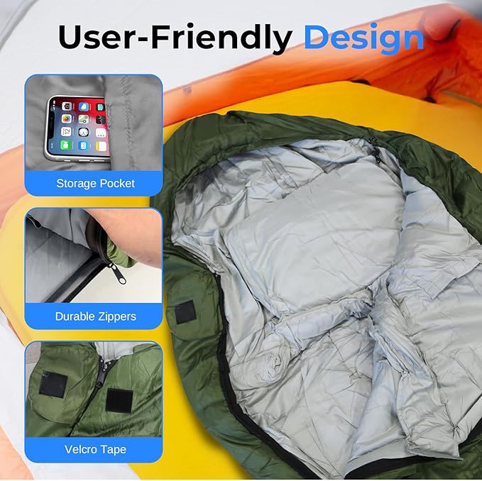 SereneLife 0 Degree Mummy Sleeping Bag – Military-Style, Lightweight & Waterproof for Extreme Cold, Stays Warm in 5–10°F, No-Snag Zipper, Compact Carry Bag & Travel Pillow for Camping & Backpacking