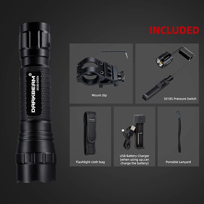 DARKBEAM Green Light Flashlight Tactical LED USB Rechargeable Zoomable Light Kit, Portable Mini Greenlight for Night Hunting, Observation, Fishing, Astronomy, Aviation, Rescue, with Clip