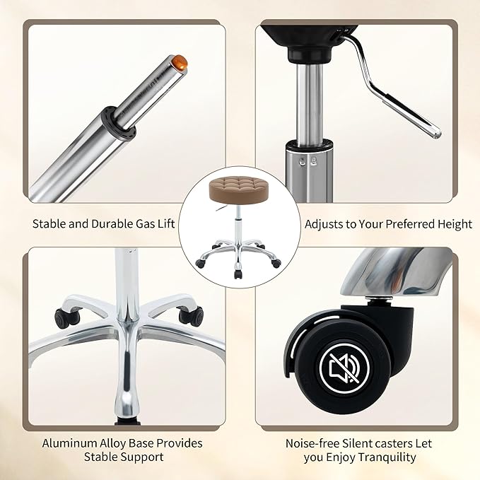 Rolling Stools with Wheels (300lbs Capacity) (Adjustable Height 20"-27") Brown Leather Manicure Guitar Lash Stool (Coffee Brown)
