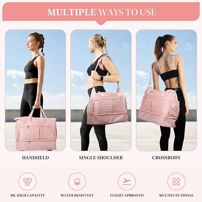 Maelstrom Gym Bag for Women,40L Travel Duffel Bag with Shoes Compartment and Wet Pocket,Waterproof Carry On Weekender Bag,Sport Gym Tote Bags Swimming Yoga, Hospital Holdalls-Pink