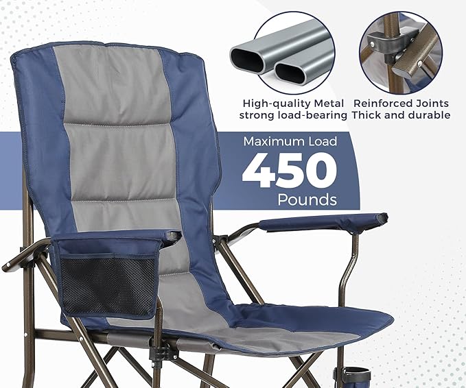 Large High Back Camping Chair for Adults - Oversized Comfortable for Tall People - Heavy Duty 450lbs Capacity K-Frame, Padded Seat & Armrests for Sitting Fishing Lawn Outside, Cup Holder (Blue)