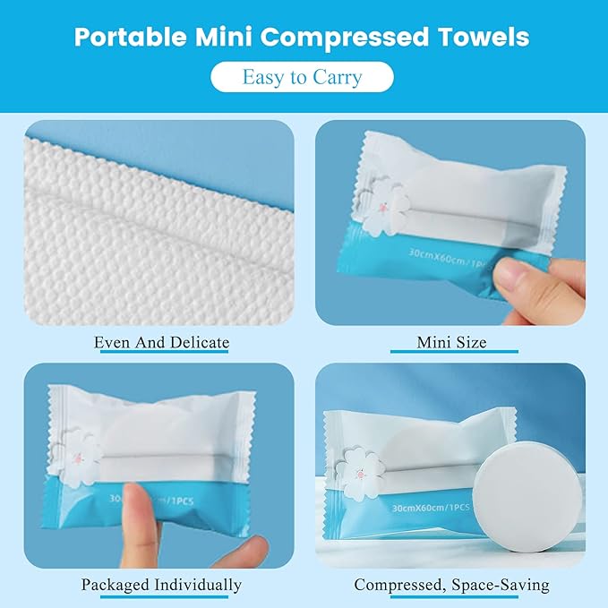 100 Pieces Compressed Towels Tablets, Portable Disposable Cotton Hypoallergenic Dehydrated Expandable Compressed Face Towels Travel Washcloths Coin Tissues for Home Beauty and Outdoors Hiking Camping