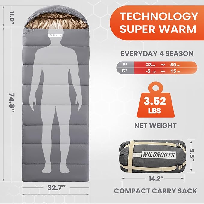 WILDROOTS Warm Sleeping Bags for Adults, Backpacking Lightweight, Cold Weather Sleeping Bag for Warm Camping Hiking Outdoor, Travel Hunting with Compression Bags