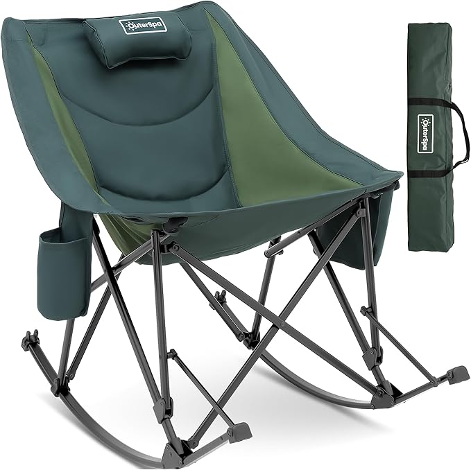 Oversized Rocking Camping Chair for Adults Heavy Duty,Padded Outdoor Rocking Chair Lawn Chairs Portable Rocking Camp Chairs with Side Pocket and Carry Bag for Indoor,Beach,Camp,Lawn,Outdoor
