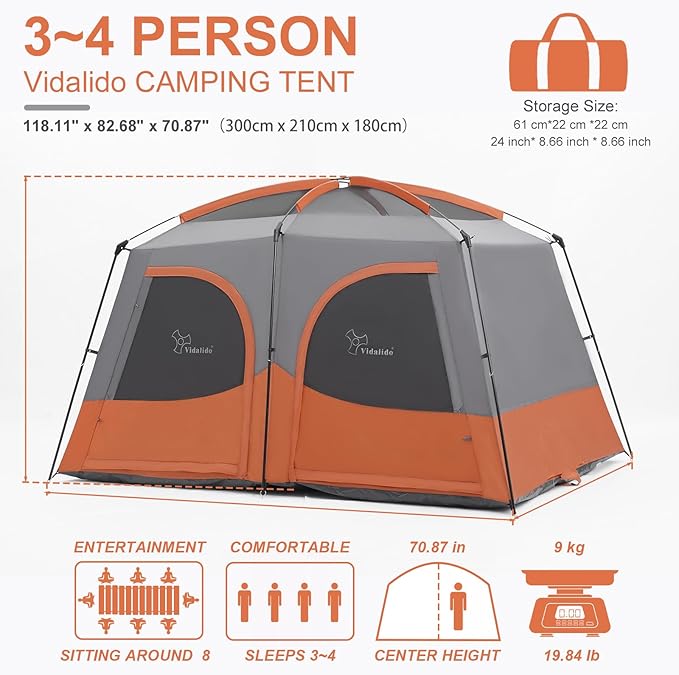 Vidalido Tents,3-4 Person Camping Tent with Extended Vestibule,Weather Resistant Family Tents with Breathable Mesh Windows,Easy Install Waterproof Outdoor Tent for Backpacking and Camping Hiking