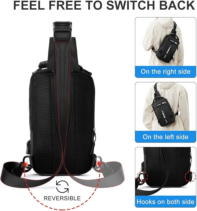 Large Black Sling Bag for Men Women, Mini Anti Theft One Strap Motorcycle Sling Backpack, Small Sling Chest Bag Daypack Crossbody Backpack with Usb Port for Casual Travel Hiking Gym Outdoor Sports