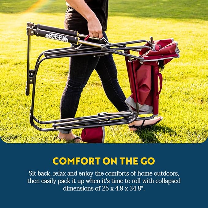 GCI OUTDOOR Freestyle Rocker Camping Chair | Portable Folding Rocking Chair with Solid, Durable Armrests, Drink Holder & Comfortable Backrest — Indigo Blue