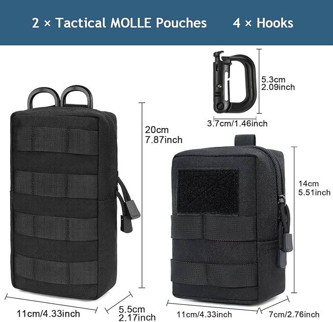 MUCHER 2 Pack Molle Pouches Tactical Pouches EDC Pouch Organizer Molle Bag Utility Pouch with 4 Carabiners for Outdoor Hiking Hunting Camping Training