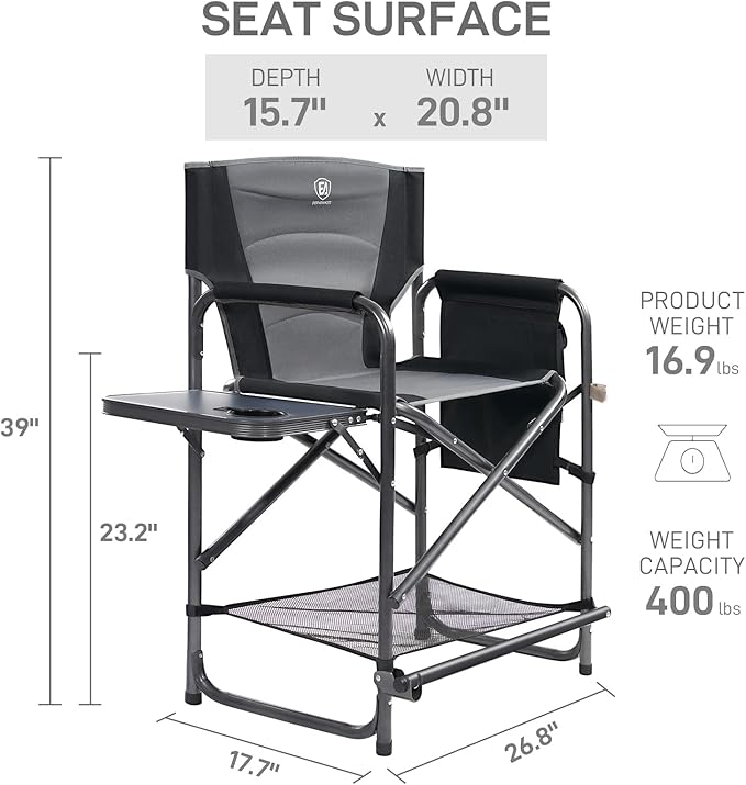 EVER ADVANCED 2 Piece Medium Tall Directors Chair Foldable Makeup Artist Chair Bar Height with Side Table Cup Holder and Pocket Footrest, Supports 400LBS Grey, Seat Height: 23.2 inches