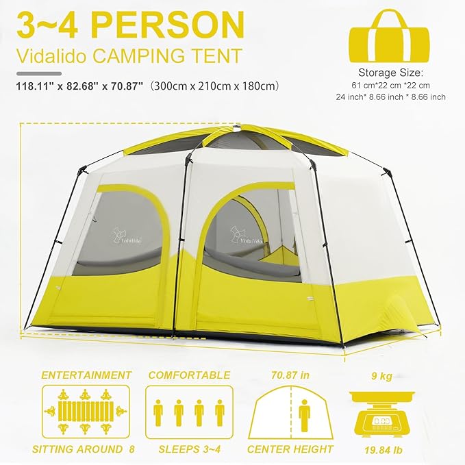 Vidalido Tents,3-4 Person Camping Tent with Extended Vestibule,Weather Resistant Family Tents with Breathable Mesh Windows,Easy Install Waterproof Outdoor Tent for Backpacking and Camping Hiking