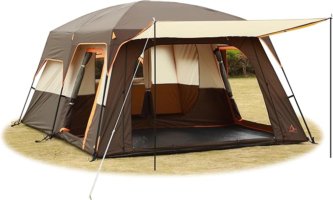 KTT Extra Large Tent 6-10-12-14 Person(B),Family Cabin Tents,2 Rooms,3 Doors and 3 Windows with Mesh,Straight Wall,Waterproof,Double Layer,Big Tent for Outdoor,Picnic,Camping,Family Gathering