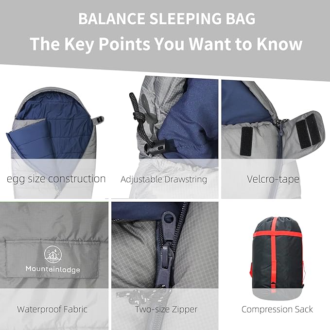 Mountainlodge Balance Sleeping Bag for Adult,Cold&Warm Weather with Compression Sack and Water Resistant for Family Camping,Travel and Car Camping