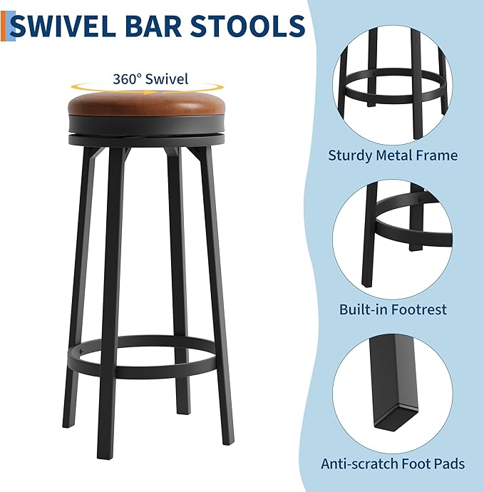 IDEALHOUSE 30'' Swivel Bar Stools Set of 2 with Footrest, Modern Counter Height Barstools with PU Leather Upholstered and Metal Frame, Backless Round Bar Stools for Kitchen Island, Brown