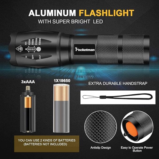 MODOAO Tactical Flashlights High Lumens Zoomable Bright LED Flashlight 5 Modes for Outdoor Camping,Emergency,Hiking with Handheld Flashlights (2 Pack)
