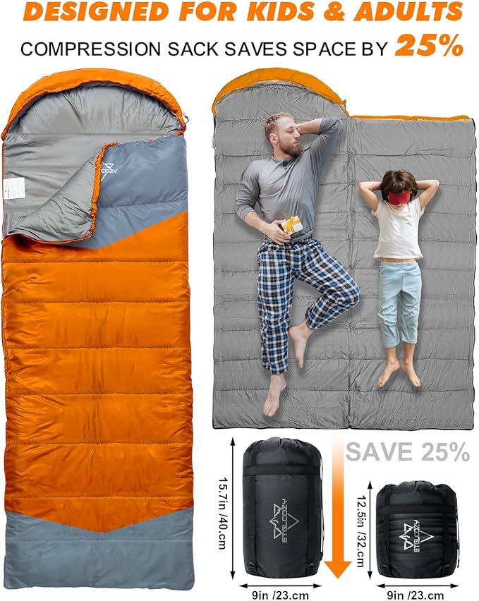 Sleeping Bag for Adults Cold Weather & Warm, Lightweight Backpacking Camping Hiking Essentials Gear for Kids 10-12 Girls Boys Compact w/Compression Sack Indoor Outdoor Sleep Must Haves