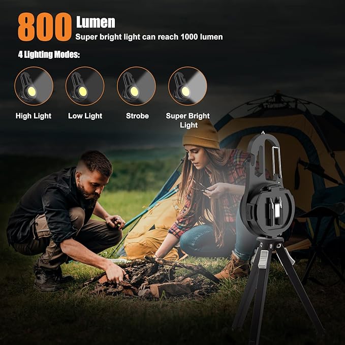 Mini COB Rechargeable LED Flashlight, Portable, Waterproof, Foldable, 800 Lumen, 4 Modes, Magnetic Stand, Battery Powered