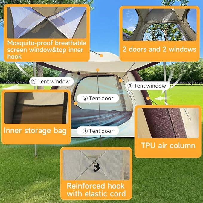 Cow-HQUS Camping Tents 4 Person,3 Minute Easy Set Up Waterproof Tent,Pop Up Tents for Camping, Portable Family Auto-Inflating Instant Tent with Mesh Windows, Large Inflatable Tents for Camping