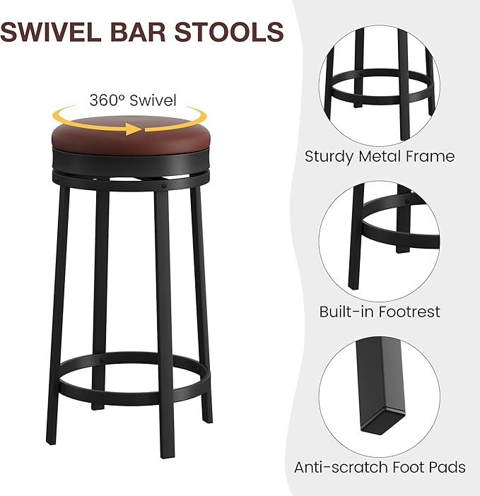 IDEALHOUSE 24'' Swivel Bar Stools Set of 2 with Footrest, Modern Counter Height Barstools with PU Leather Upholstered and Metal Frame, Backless Round Bar Stools for Kitchen Island, Brown