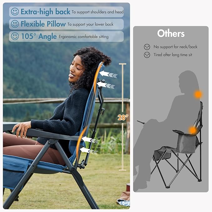 PORTAL Reclining Camping Chair with Adjustable Back Folding Camp Recliner for Adults Portable High Back Oversized, 400LBS (Blue)