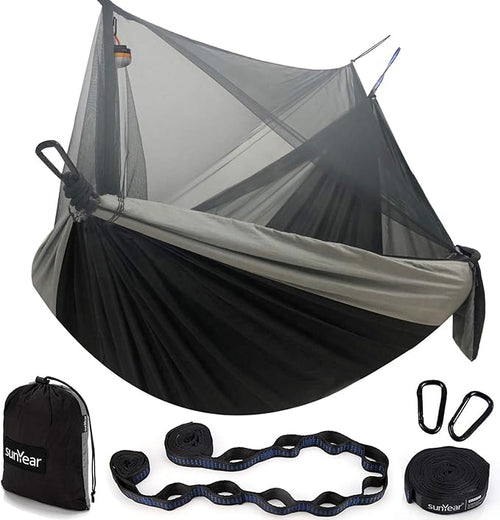 Sunyear Hammock Camping with Rain Fly Tarp and Net, Portable Camping Hammock Double Tree Hammock Outdoor Indoor Backpacking Travel & Survival, 2 Tree Straps,100% Waterproof