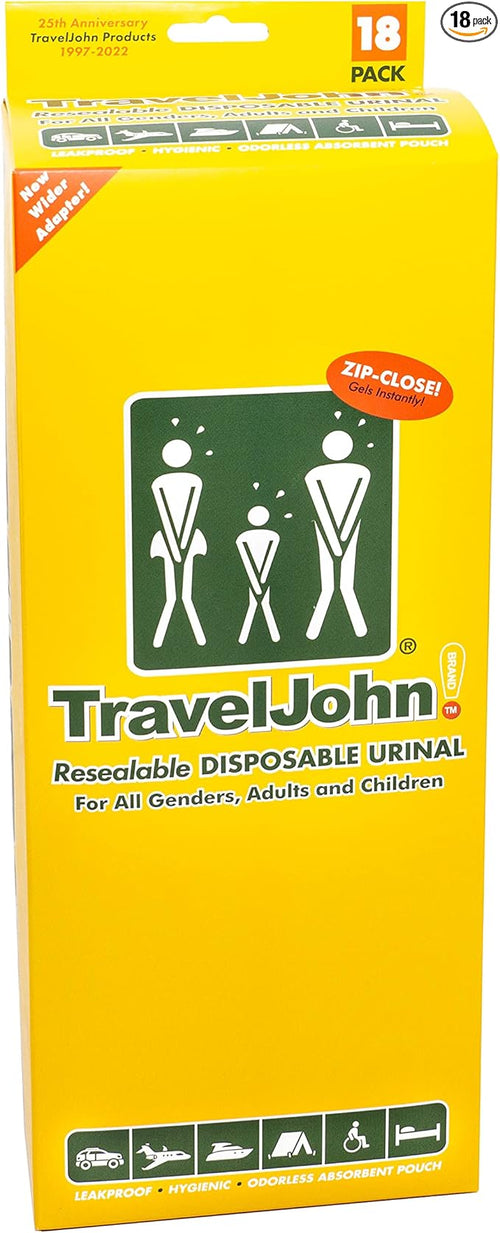 Resealable Disposable Urinal for All Genders, Adults, and Children (18 Pack) Designed for Emergencies, Travel, Camping, Long Car Rides and More - 28oz/800ml Capacity (TJ1N-C)